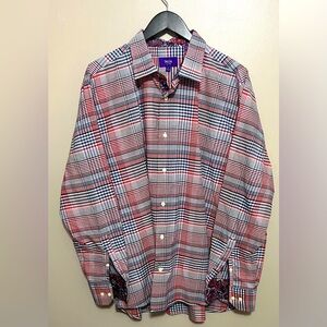 Tallia Plaid Long Sleeve Button Down Shirt Floral Flip Cuff Red White Blue XL